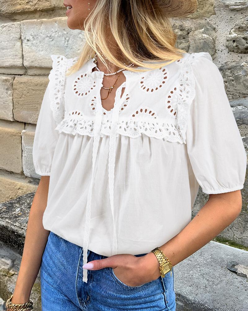 Notch Neck Puff Sleeve Embroidered Lace Drawstring Blouse