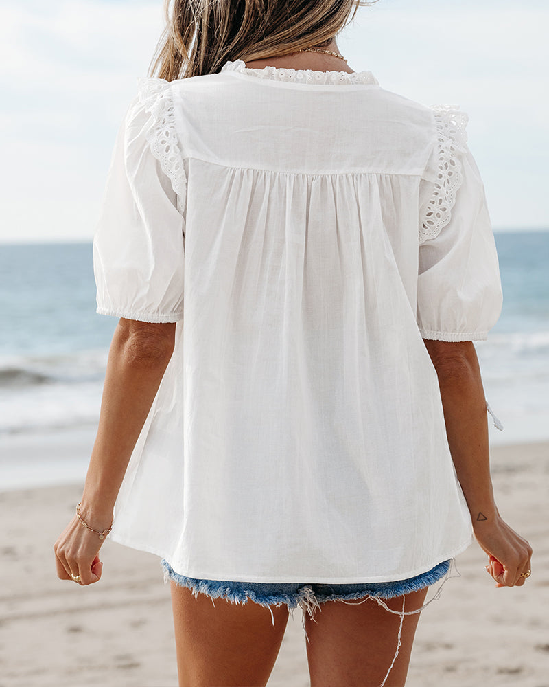 Notch Neck Puff Sleeve Embroidered Lace Drawstring Blouse