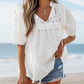Notch Neck Puff Sleeve Embroidered Lace Drawstring Blouse