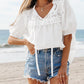 Notch Neck Puff Sleeve Embroidered Lace Drawstring Blouse
