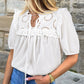 Notch Neck Puff Sleeve Embroidered Lace Drawstring Blouse