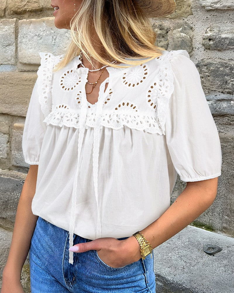 Notch Neck Puff Sleeve Embroidered Lace Drawstring Blouse