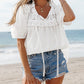 Notch Neck Puff Sleeve Embroidered Lace Drawstring Blouse
