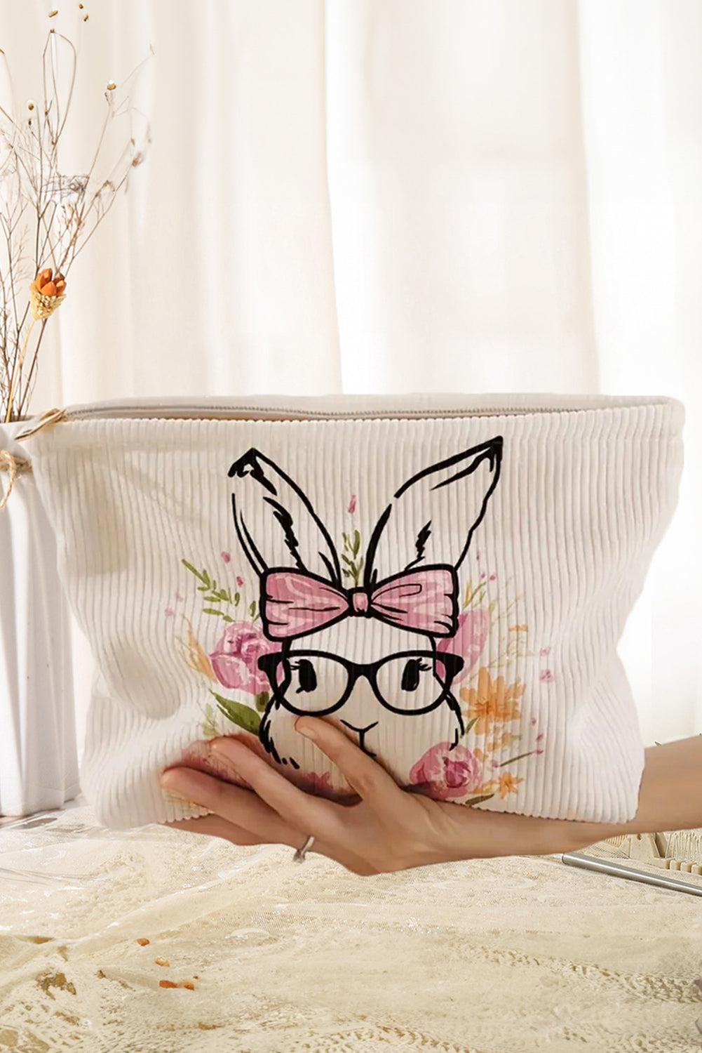 White Easter Bunny Print Corduroy Makeup Storage Bag