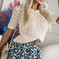 Beige Hollow Out Crochet O Neck Short Sleeve Sweater Tee