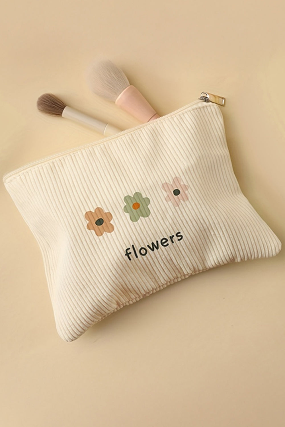 White Flower Print Corduroy Big Cosmetic Bag
