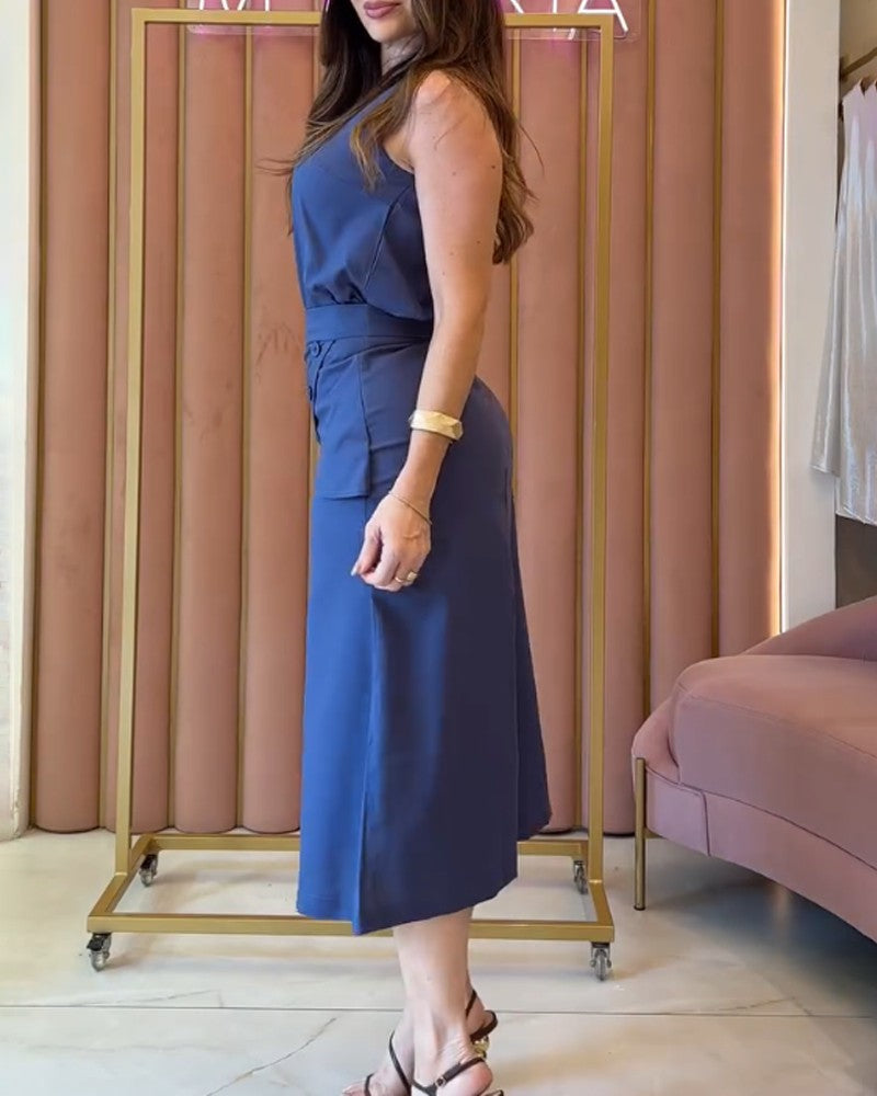 Round Neck Sleeveless Top High Waist Button Fishtail Skirt Sets