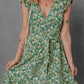 Green Flower Print Flutter Sleeve V Neck Sashed Ruffled Mini Dress