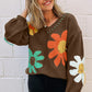 Coffee Big Flower Pattern V Neck Drop Shoulder Sweater