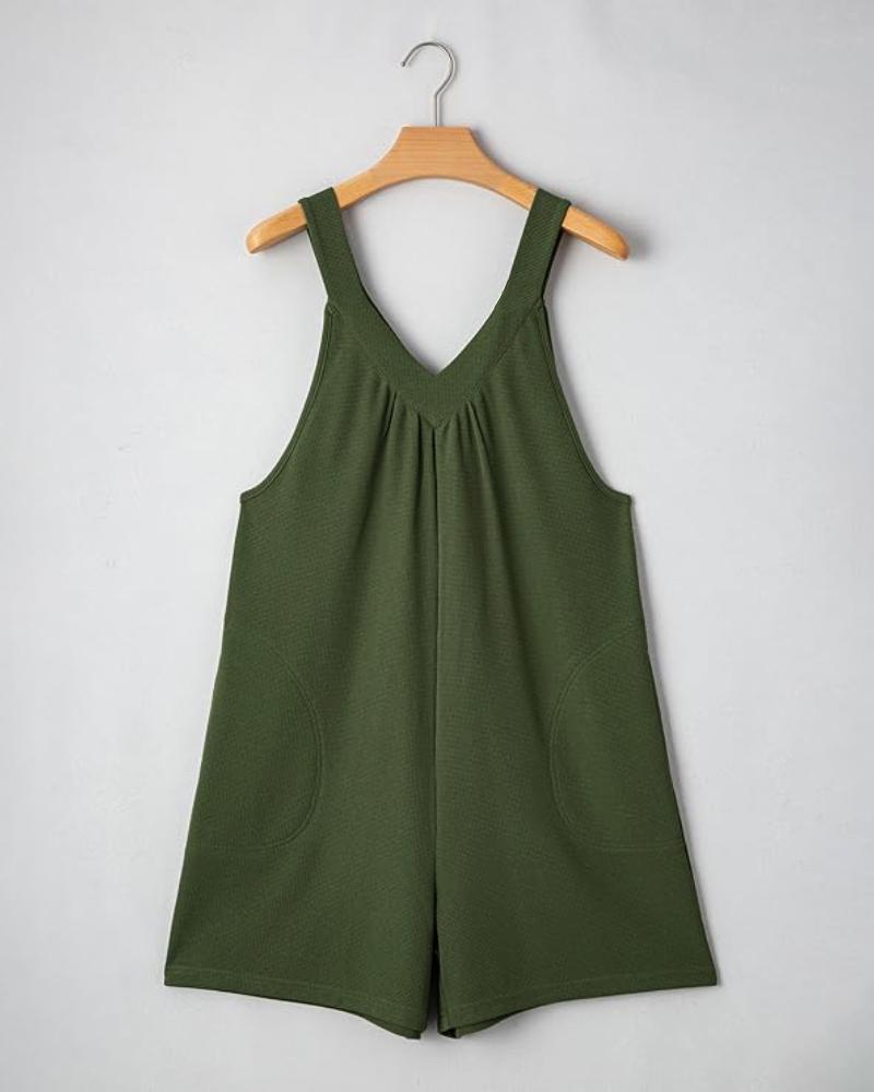 V Neck Sleeveless Waffle Romper Casual Drawstring Cargo Short Jumpsuit with Pockets