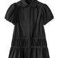Black Shirt Style Button Down Puff Sleeve Ruffle Hem Dress