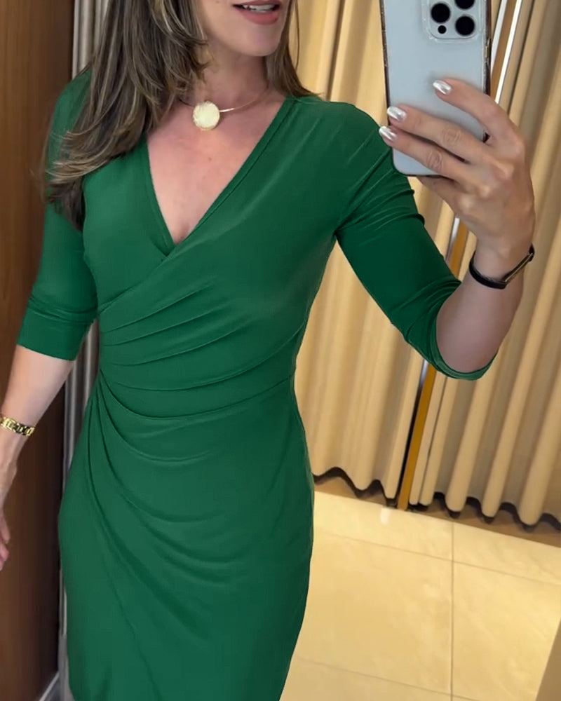 Criss Cross V Neck Half Sleeve Ruched Dress Casual Slim Fit Bodycon Midi Dress