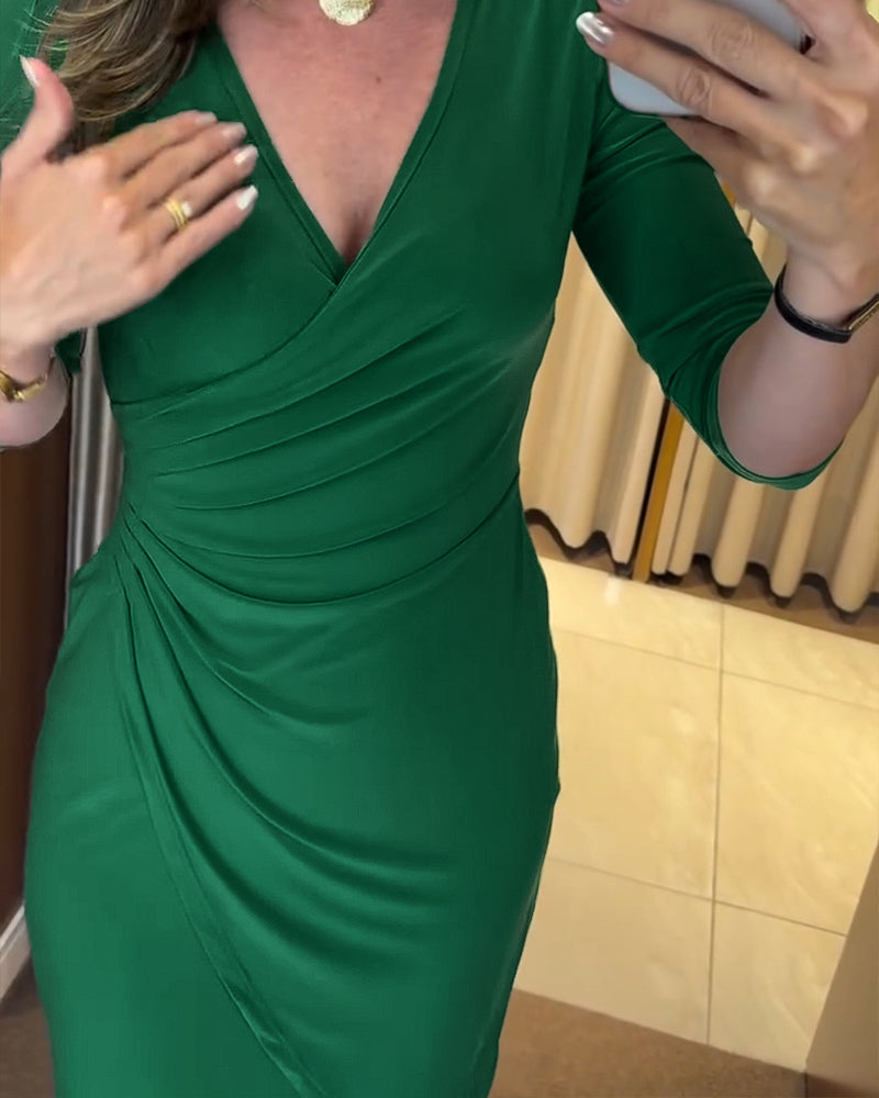 Criss Cross V Neck Half Sleeve Ruched Dress Casual Slim Fit Bodycon Midi Dress