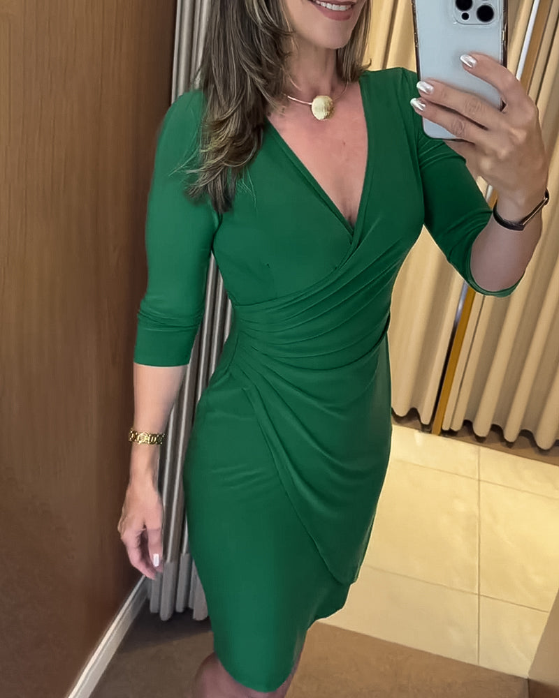 Criss Cross V Neck Half Sleeve Ruched Dress Casual Slim Fit Bodycon Midi Dress