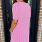 Bright Pink Corded Knit Crew Neck Puff Sleeve Shift Mini Dress