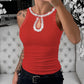 Rhinestone Contrast Sequin Keyhole Neck Sleeveless Slim Fit Elasticity Ribbed Top Elegant Tank