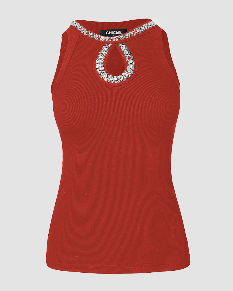 Rhinestone Contrast Sequin Keyhole Neck Sleeveless Slim Fit Elasticity Ribbed Top Elegant Tank
