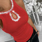 Rhinestone Contrast Sequin Keyhole Neck Sleeveless Slim Fit Elasticity Ribbed Top Elegant Tank