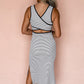 White Stripe Criss Cross Side Slits Slim Fit Sleeveless Midi Dress