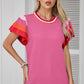 Bright Pink Contrast Flutter Sleeves Knitted Sweater T Shirt