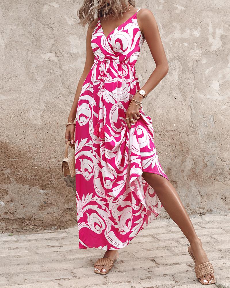 Colorblock Graphic Print Drawstring Maxi Dress
