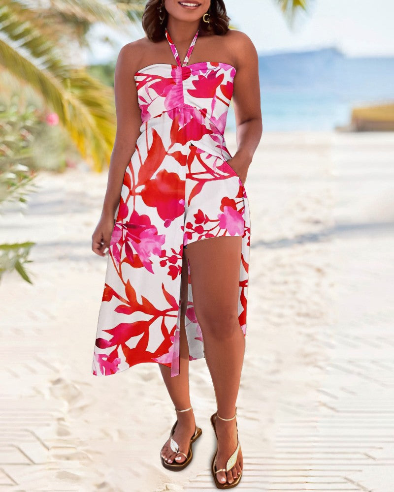 2 Pieces Outfit Floral Print Halter High Slit Long Top and Shorts Set with Pockets
