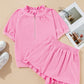 Pink Half Zip Puff Sleeve Top and Ruffled Shorts Set