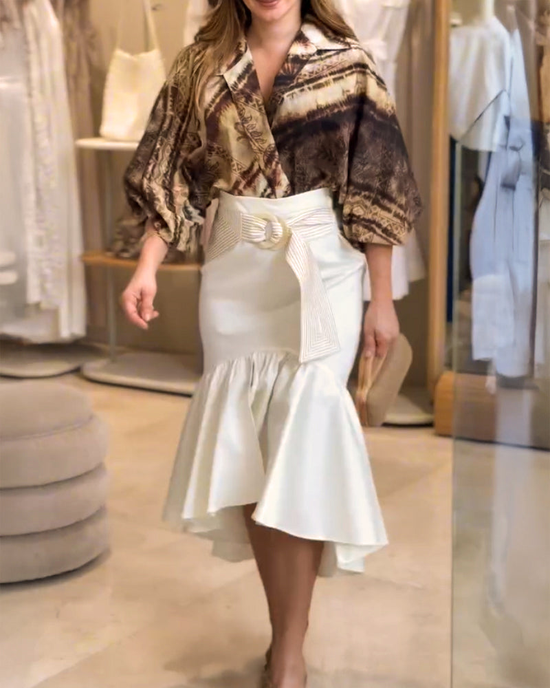 Tie Dye Print Turn down Collar Lantern Sleeve Loose Blouse Casual Top