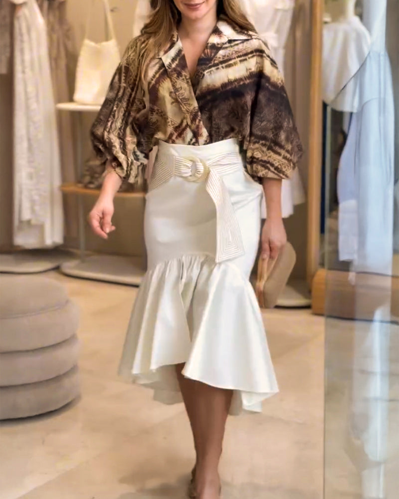 Tie Dye Print Turn down Collar Lantern Sleeve Loose Blouse Casual Top