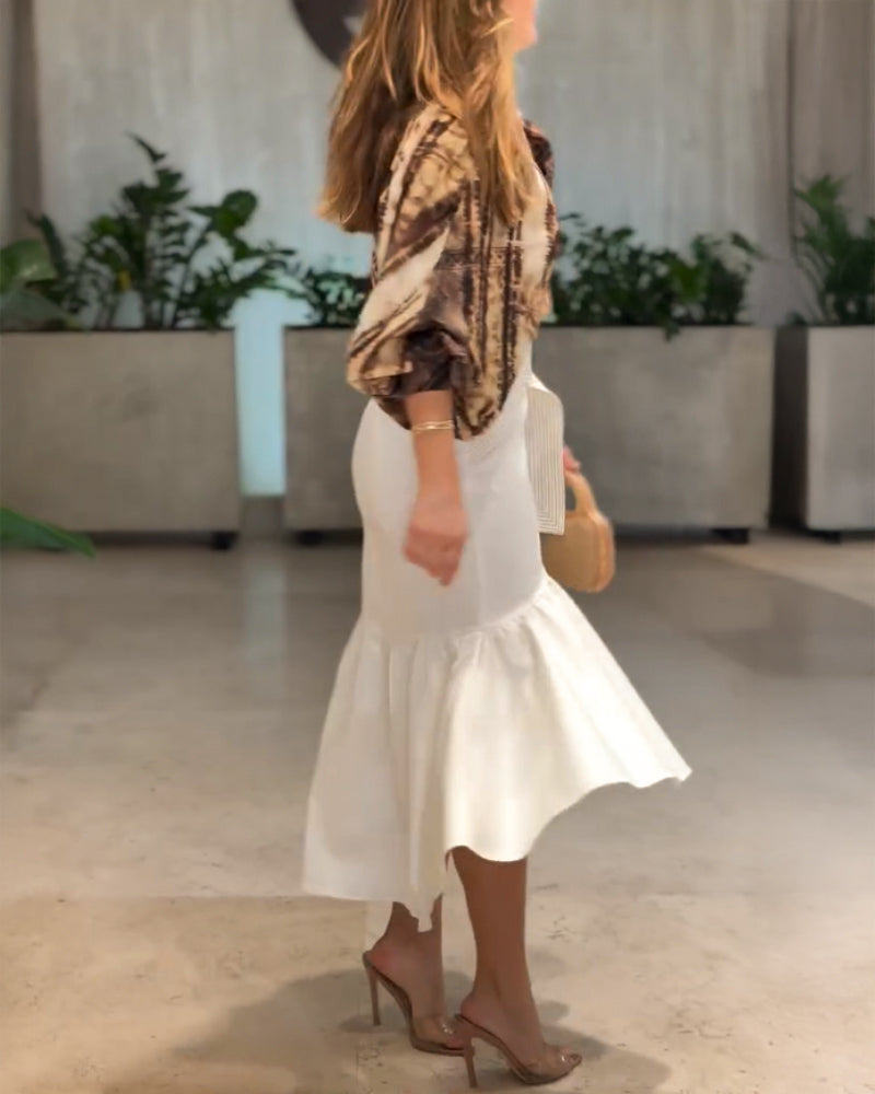 Tie Dye Print Turn down Collar Lantern Sleeve Loose Blouse Casual Top