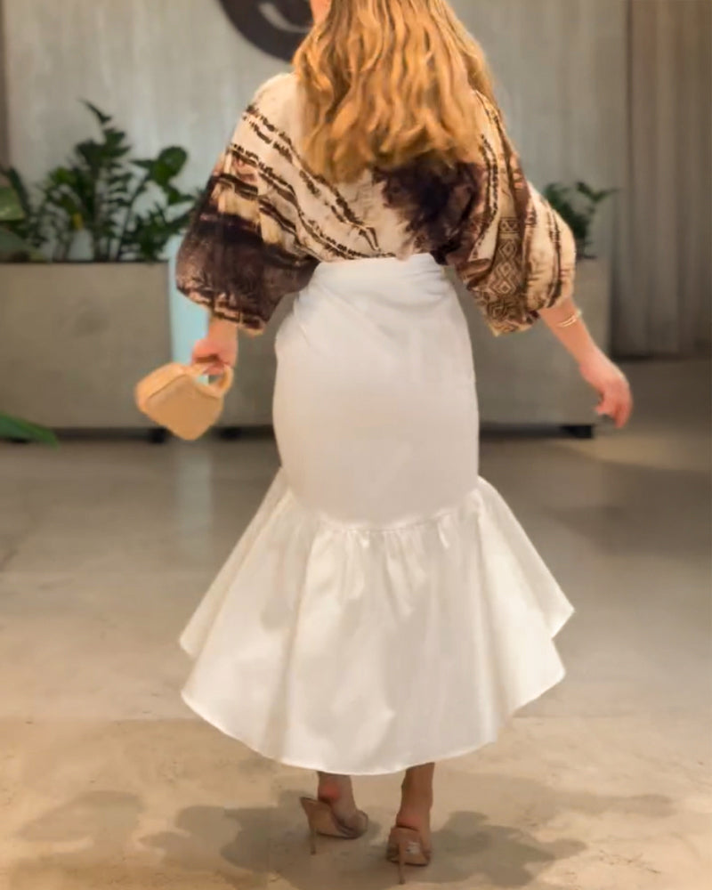 Tie Dye Print Turn down Collar Lantern Sleeve Loose Blouse Casual Top