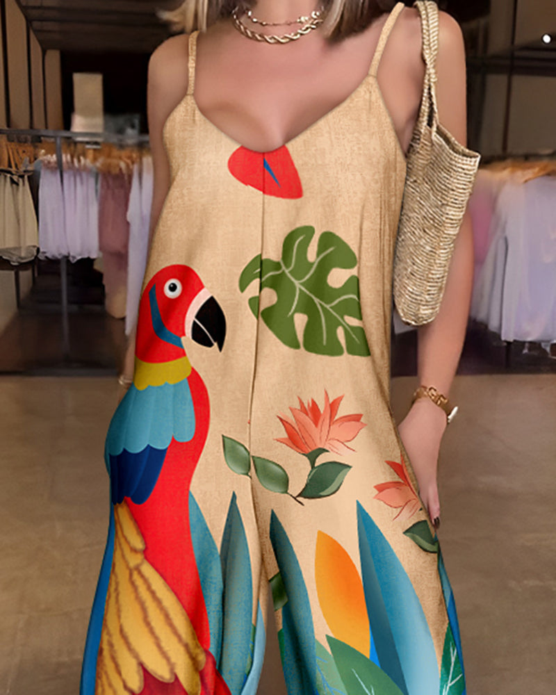 Plain Adjustable Strap Wide Leg Jumpsuit Casual Loose Fit Romper