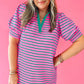 Rose Stripe Collared V Neck Puff Sleeve Shift T Shirt Dress with Pockets