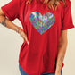 Red Rainbow Sequin Heart Shape Crew Neck T Shirt