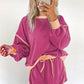 Rose Red Color Contrast Loose Pullover and Lace-up Waist Skort Set