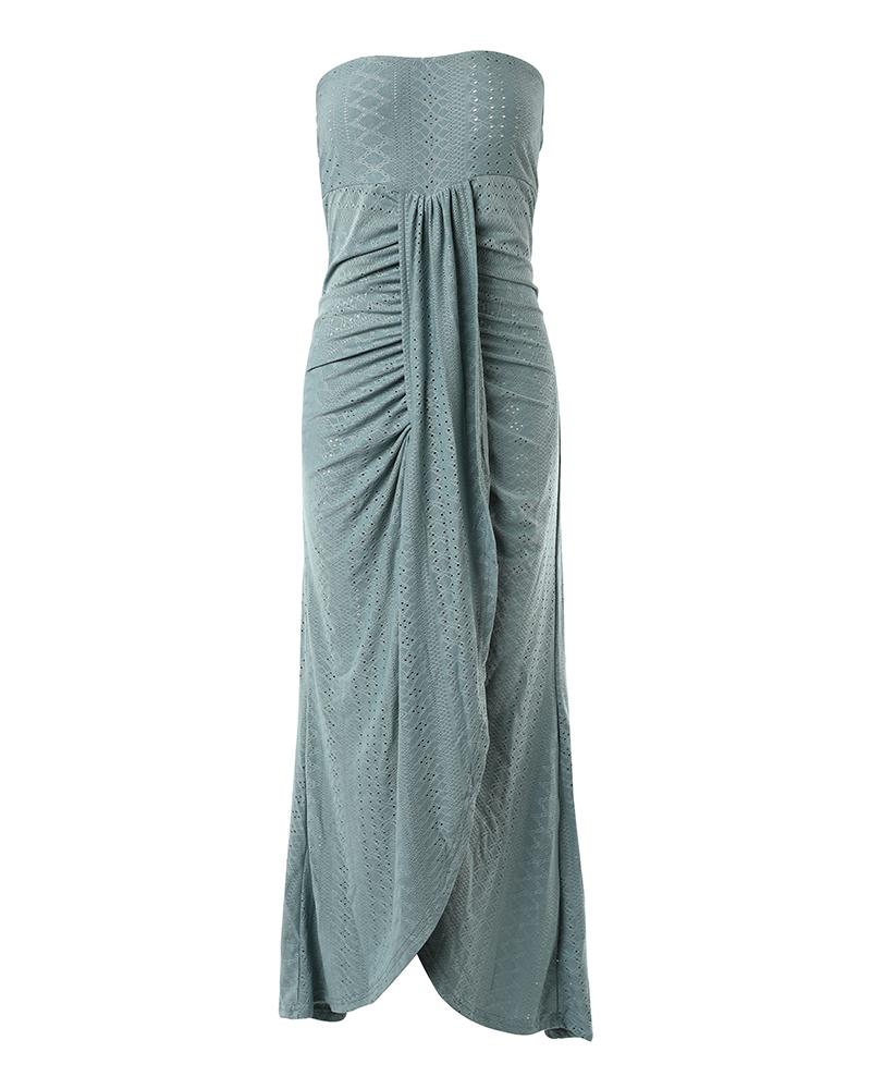 Eyelet Embroidery Bandeau Ruched Slit Casual Dress