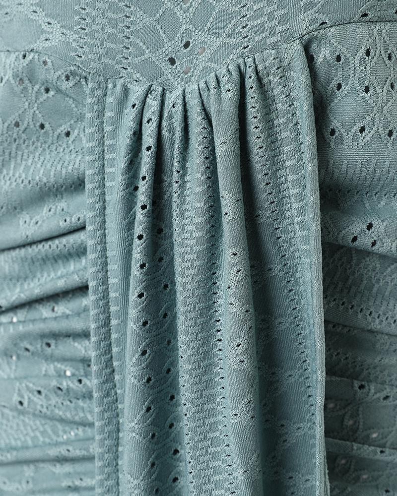 Eyelet Embroidery Bandeau Ruched Slit Casual Dress