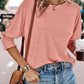 Round Neck Three Quarters Shirred Lantern Sleeve Softy T Shirt Casual Tee