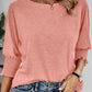Round Neck Three Quarters Shirred Lantern Sleeve Softy T Shirt Casual Tee
