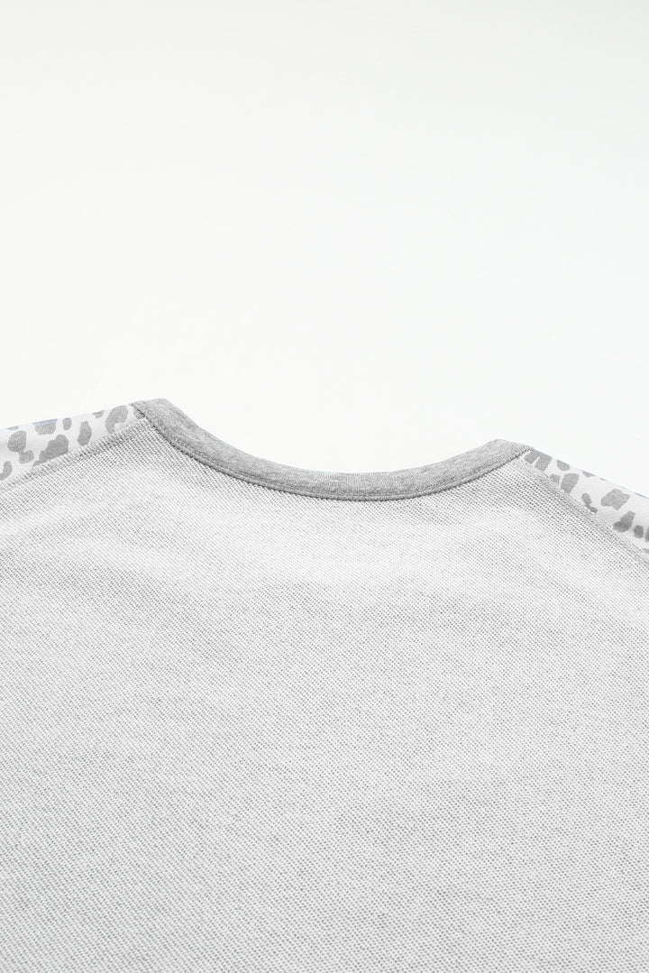 Gray Leopard Patchwork Exposed Seam Buttoned Neck Sweatshirt