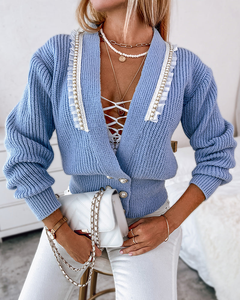 Pearls Decor Frill Hem Knit Cardigan