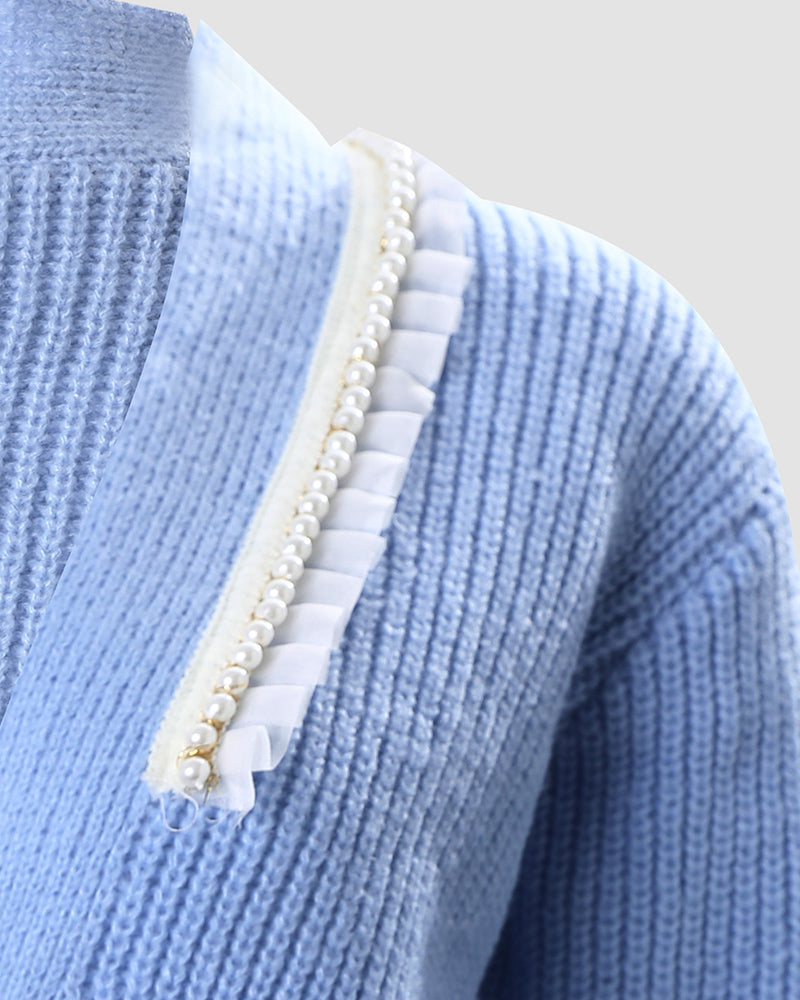 Pearls Decor Frill Hem Knit Cardigan