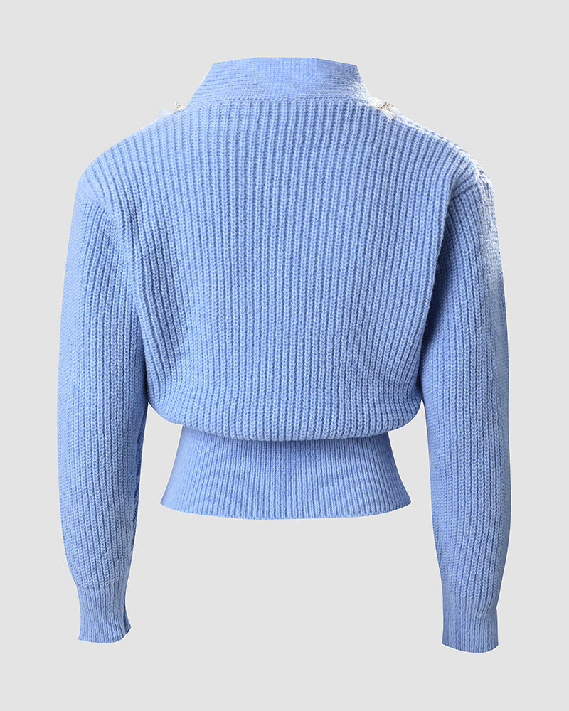 Pearls Decor Frill Hem Knit Cardigan