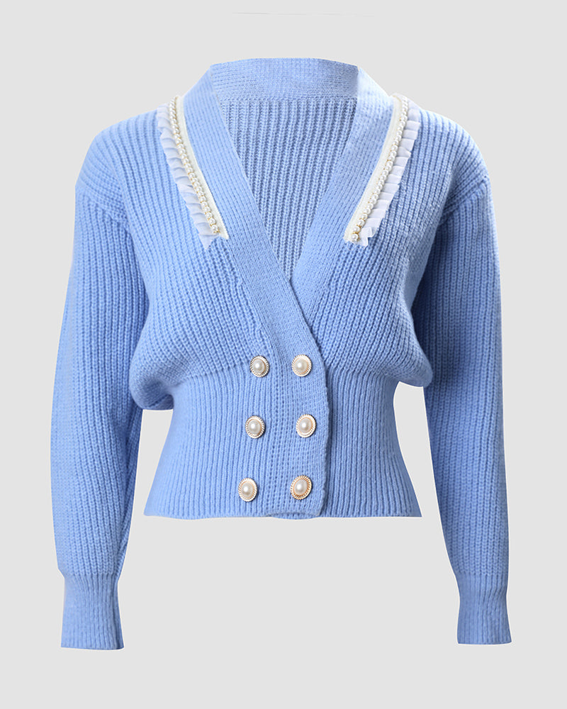 Pearls Decor Frill Hem Knit Cardigan