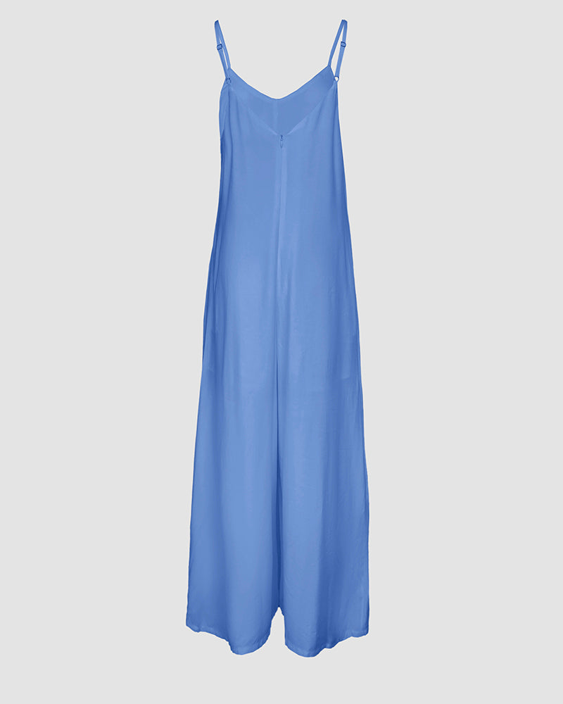 Plain Adjustable Strap Wide Leg Jumpsuit Casual Loose Fit Romper