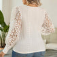 Apricot Contrast Floral Guipure Lace Lantern Sleeve U Neck Plus Size Blouse