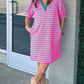 Rose Stripe Collared V Neck Puff Sleeve Shift T Shirt Dress with Pockets