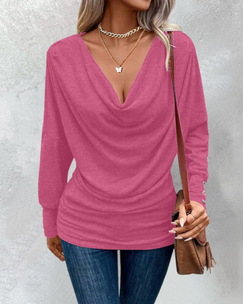 Cowl Neck Batwing Sleeve Ruched T Shirt Casual Slim Fit Top