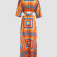 Tropical Print Plunge V Neck Waist Cutout Boho Maxi Dress Three Quarters Tied Detail Elastic Waist Back Vacation Dress