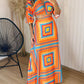 Geometric Print Waist Hollow Out Boho Maxi Dress Casual Half Sleeve Tied Detail Vacation Dress